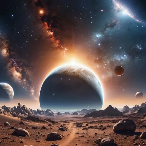 Create a dreamlike scene featuring a celestial bodies and cosmic elements ,alien planet,exoplanets,exoplanet,alien world,gliese,extrasolar,planetary,space art,planets,planetary system,astronomy,barsoo