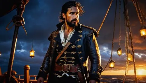 Dark pirate captain, muscular male, 35yo, rugged beard, messy black hair, piercing blue eyes, gold earring, leather coat, white shirt, black pants, boots, sword belt, treasure map in hand, standing on