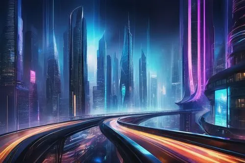 futuristic landscape,cybercity,superhighways,cybertown,cyberport,cyberworld,cityscape,sci fiction illustration,futuristic,cyberia,cyberscene,city highway,futurist,tron,superhighway,cyberpunk,fantasy city,speed of light,cyberspace,futurists,Illustration,Paper based,Paper Based 06