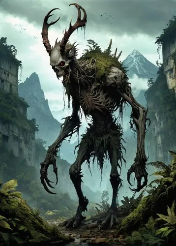  cryptid, wendigo, skin walker, horror,a demon standing in front of a cliff,rathborne,spriggan,cernunnos,gudmundur,wendigo,gruntal,Illustration,Children,Children 04