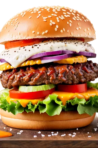 Juicy beef burger, toasted buns, melted cheddar cheese, crispy lettuce, ripe tomato, red onion slices, pickles, ketchup, mayonnaise, sesame seeds, golden lighting, close-up shot, shallow depth of fiel