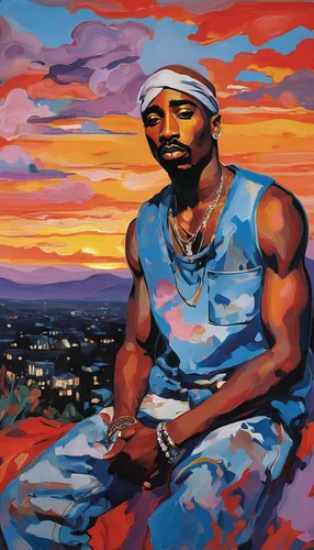 Peaceful Tupac images at sunset,african man,oil on canvas,guru,khokhloma painting,art,oil painting on canvas,kendrick lamar,prophet,african businessman,mamba,abraham,michael jordan,thundercat,man with