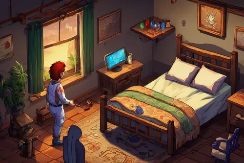 game illustration,bedroom,transistor,boy's room picture,an apartment,guest room,modern room,apartment,the little girl's room,children's bedroom,tenement,pixel art,room,sleeping room,shared apartment,dormitory,one room,game art,adventure game,sci fiction illustration,Unique,Pixel,Pixel 05