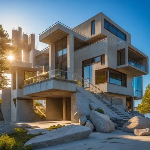 concrete, granite, stones, landscape, trees, waterfront,dunes house,modern architecture,habitat 67,cubic house,modern house,cantilevers,seidler,cantilevered,kundig,snohetta,exposed concrete,kimmelman,