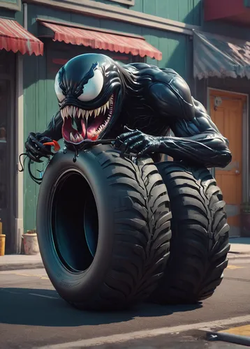 Develop a comedy skit where a character accidentally inflates venom tires with laughing gas.,rubber tire,monster truck,rubber dinosaur,stack of tires,venom,tires,automotive tire,car tire,tire,heavy mo