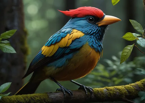 Write a short story about a mischievous ornamental bird that brings joy to a gloomy forest.,tanager,colorful birds,tropical bird,broadbill,tropical bird climber,beautiful bird,blue-capped motmot,blue 