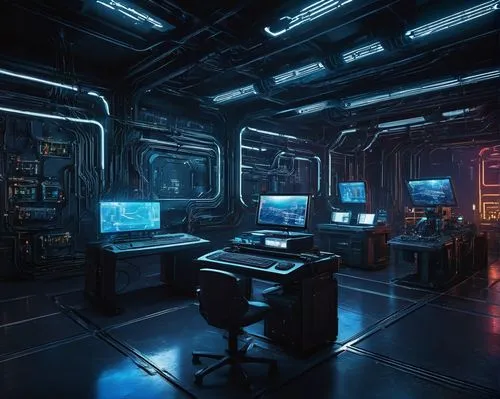 Cyberpunk futuristic, entity component system architecture, 3D blueprint, grid layout, neon lights, dark shadows, metallic surfaces, circuit boards, wires, microchips, holographic screens, motherboard