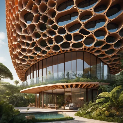 An architectural marvel inspired by natural forms and organic structures. shapes of plant cells, beehives, coral reefs, blends with its surroundings. Use of biomimicry, sustainable materials, and ener