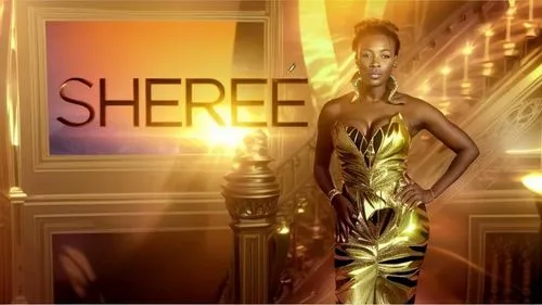 A futuristic tech-savvy space,a woman wearing a golden dress in front of a sign,sheree,shebbeare,sherrerd,sherrice,sherard,sherbro