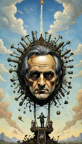 el salvador dali,dali,baron munchausen,surrealism,day of the head,conductor,cog,vinci,elderly man,sci fiction illustration,abraham lincoln,don quixote,old man of the mountain,colony,cuckoo clock,hitchcock,theoretician physician,human head,the head of the,equilibrium,Illustration,Paper based,Paper Based 08