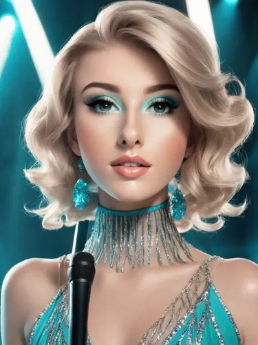 beautiful blonde chanteuse with geometric hairstyle and wild makeup, singing on stage behind a microphone stand, disco, turquoise satin dress, spotlights, gorgeous, lots of makeup,realdoll,miss circas