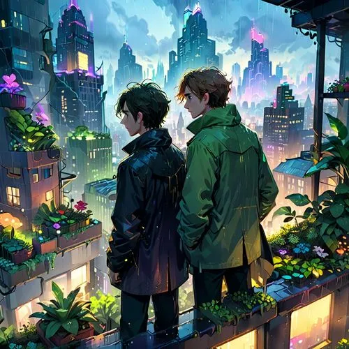 above the city,cityscape,rooftops,rooftop,city lights,overlooking,roof garden,evening city,hideharu,wanderers,explorers,citylights,fireflies,roof top,overlook,atmosphere,evening atmosphere,clover jackets,shibuya,travelers,Anime,Anime,Cartoon