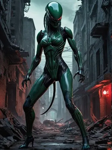 Female Xenomorph, muscular, green-blue skin, sharp claws, long tail, black eyes, bald head, full-body shot, standing, aggressive posture, city ruins, destroyed buildings, dark alleys, red emergency li