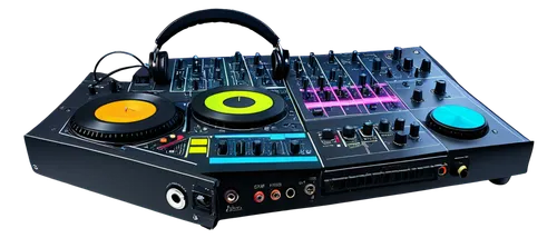 Electronic synthesizer, DJ console, futuristic neon lights, headphones, vinyl records, mixing board, colorful cables, notes on staff, musical symbols, dynamic microphone, sound waves, vibrant colors, 