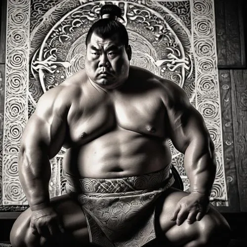 sumo wrestler,stone buddha,mongolian wrestling,buddhist,genghis khan,daibutsu,sōjutsu,warrior pose,japanese martial arts,chonmage,maori,nikuman,strongman,buddhist monk,kai yang,daitō-ryū aiki-jūjutsu,xing yi quan,bodybuilding,lethwei,han bok,Illustration,Black and White,Black and White 11