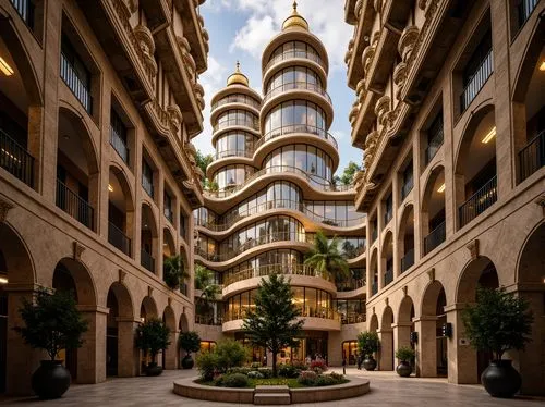 Ornate watching towers, grandiose architecture, intricately carved stone facades, gilded ornamental details, sweeping curved lines, dramatic archways, opulent balconies, lavish fresco ceilings, richly