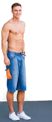 muscular man, shirtless, athletic build, short hair, bright smile, piercing blue eyes, strong jawline, sexy, solo, free pose, relaxed atmosphere, natural light, casual wear, denim shorts, sneakers, ou