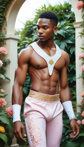 The scene is set in a lush garden, with vibrant flowers and herbs growing in the gentle breeze. A African chad Student top Model muscular adonis men with men perfect body and wearing white latex gloss