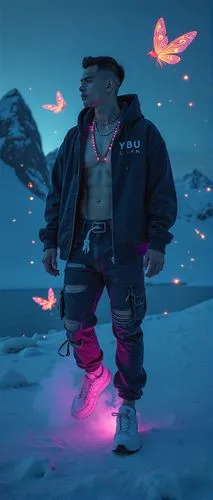 a young man standing in a snow covered field with erflies in the sky above him,zeqiri,syglowski,treybig,pyrotechnical,tyga,makonnen