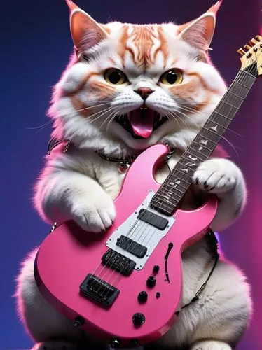 [Techwear] A nice extremely fat half furry cat half sexy girl  with futuristic cosmic guitar with ultra strings trying to play hard rock solo! Her tongue is trying to touch ger nose, as she s trying s