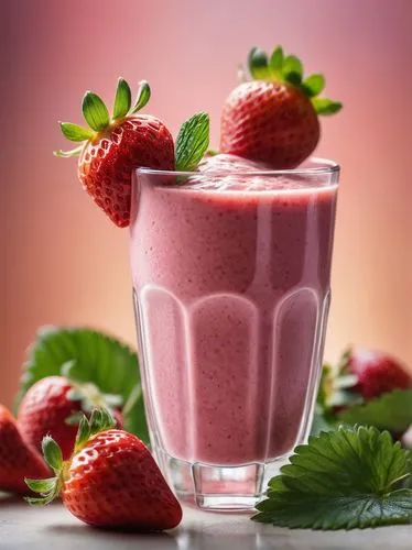 Fruit smoothie photography, strawberries, blurred background, depth of field, glass cup, leaves,strawberry smoothie,berry shake,currant shake,smoothie,smoothies,strawberry juice,berry quark,smoothy,st