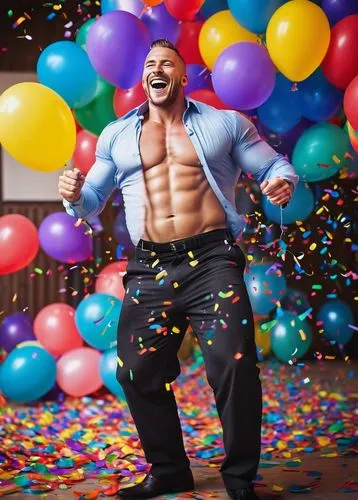 Muscular man, giant belly, rounded stomach, prominent navel, bulging shirt, unbuttoned pants, laughing expression, joyful atmosphere, colorful balloons, confetti, party setting, bright lighting, shall