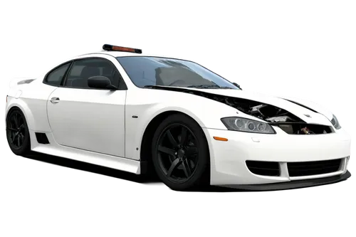 White sports car, damaged front bumper, shattered windshield, scratched hood, dented side door, broken headlight, twisted metal, debris scattered around, accident scene, dramatic lighting, low-angle s