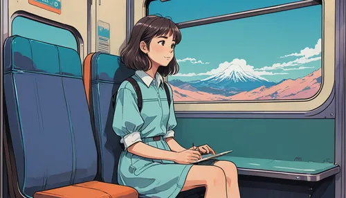 A girl sitting in a train retro, flat, 3D, analog color theme, fantasy, line art, ink drawing, large ink line, watercolor, gouache color, Studio Ghibli style, realistic stick color, outur, synthwave a