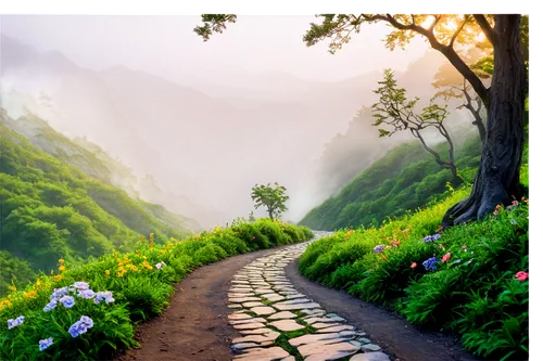 pathway,landscape background,hiking path,the mystical path,forest path,nature background,cartoon video game background,the path,fantasy landscape,path,wooden path,trail,world digital painting,paths,nature wallpaper,mountain road,chemin,nature landscape,mountain scene,road of the impossible,Illustration,American Style,American Style 08