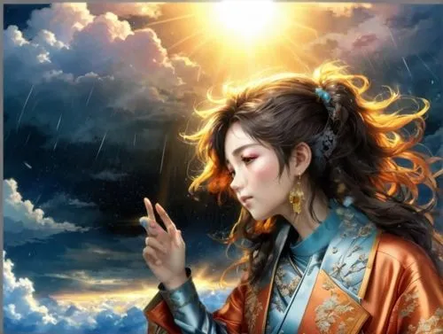 Clouds,  rain, sun ray,diaochan,guanyin,kuanyin,jianyin,yi sun sin,hanfu,xufeng,rongfeng,oriental painting,xuanwei,qibao,yuexiu,seimei,wulin,xiaojian,kuangyin,oiran,xuanxu,shennong,japanese art