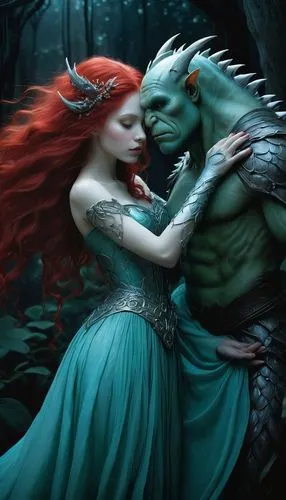 fantasy picture,green dragon,fantasy art,fantasy portrait,rusalka,amorous,mythical creatures,a fairy tale,fairy tale,fairytale characters,forbidden love,romantic portrait,photomanipulation,merfolk,romantic scene,love in the mist,faery,fantasy woman,warrior and orc,3d fantasy,Illustration,Abstract Fantasy,Abstract Fantasy 06