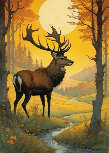 Compose a romantic poem describing the elegance of a stag as it gracefully roams through a meadow in the golden sunset.,elk,bull elk resting,deer illustration,elk bull,bull elk on lateral moraine,bull