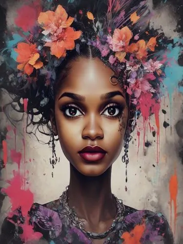 fantasy portrait,world digital painting,digital painting,digital art,girl in flowers,girl in a wreath,mystical portrait of a girl,digital artwork,boho art,african art,portrait background,african woman,flower girl,fantasy art,flower painting,west indian jasmine,digital illustration,girl portrait,flora,african american woman