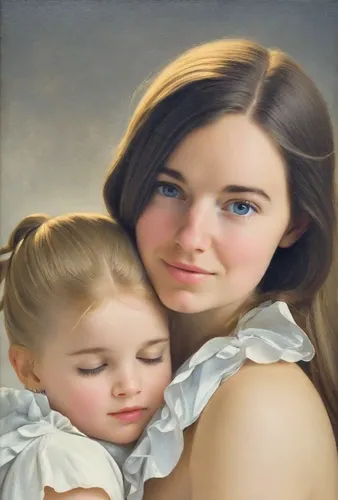 Six year old blonde daughter with a young brunette mother. Image in the style of Diego Rodriguez de Silva Velazquez.,little girl and mother,oil painting,mother with child,child portrait,oil painting o