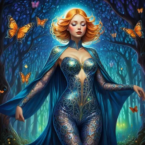 blue enchantress,cinderella,julia butterfly,fantasy portrait,faerie,vanessa (butterfly),aurora butterfly,fantasy woman,elsa,gatekeeper (butterfly),poison ivy,holly blue,fairy peacock,fantasia,fae,rosa 'the fairy,fairy queen,blue butterflies,fantasy picture,fairy tale character,Illustration,Realistic Fantasy,Realistic Fantasy 20