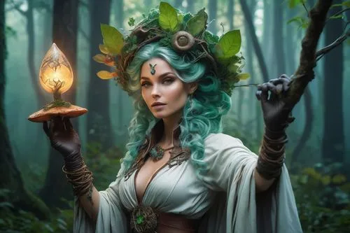 Spore-inspired Druid character, mature lady, gentle face, leafy green hair, vines wrapped around arms, earthy skin tone, detailed tattoos of forest creatures, worn leather gloves, wooden staff with gl