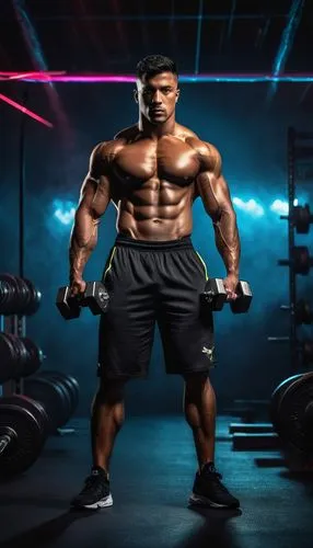 Muscular man, Tony Tate, standing, confident posture, short black hair, intense gaze, ripped chest, strong arms, athletic waist, sporty legs, sweatpants, sports shoes, holding dumbbells, gym backgroun