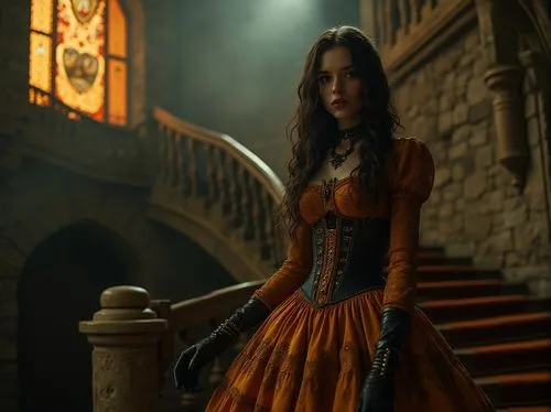 orange robes,gothic dress,celtic queen,noblewoman,belle,victoriana,morgause,woolfe,guinevere,fairy tale character,gothic portrait,katherina,dhampir,sorceress,triss,drusilla,gothic woman,etain,fairest,aerith,Photography,General,Realistic