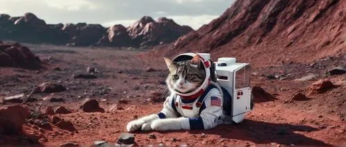 Sailor Mars, cat, feline, Martian terrain, rusty red soil, rocky outcrops, futuristic spaceship debris, worn spacesuit, oxygen tank, helmet, visor, cute whiskers, fluffy fur, curious posture, explorin