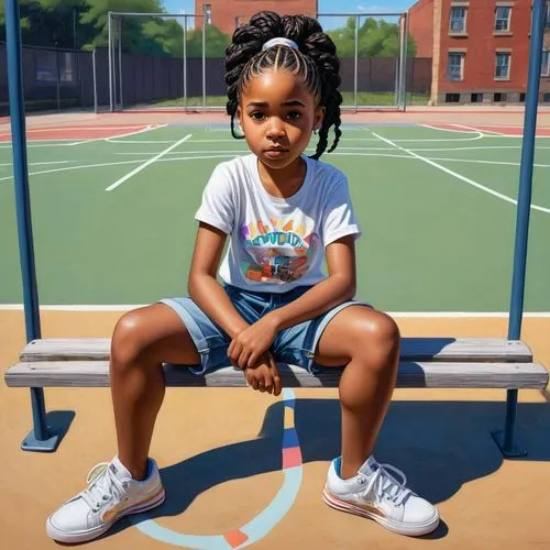 girl sitting,toddler in the park,photorealist,rockwell,young girl,girl in t-shirt,girl portrait,gap kids,amariyah,recess,playworks,playground,afro american girls,miseducation,schoolyard,helnwein,playgrounds,kids illustration,crewcuts,lilladher,Illustration,Realistic Fantasy,Realistic Fantasy 21