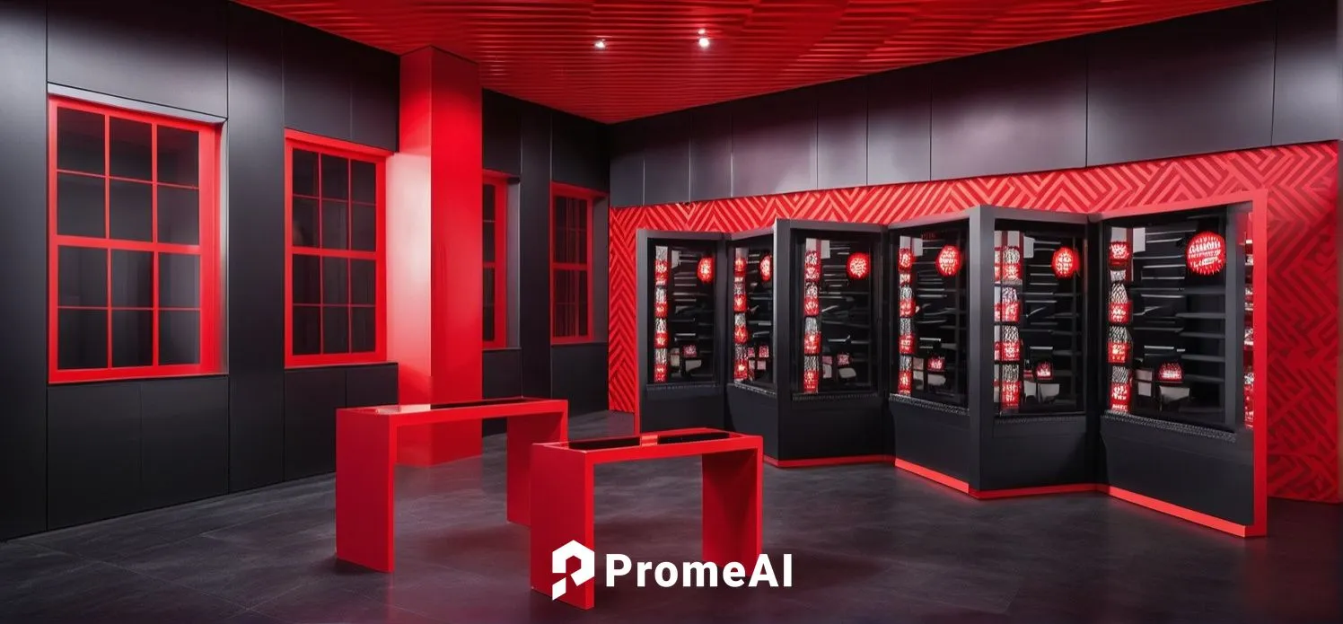 tony's chocolonely pop-up store design, the walls and floor are red and the ceiling is black. On the right wall, there is a black LED display in a zigzag shape. There is a red glossy table in front of