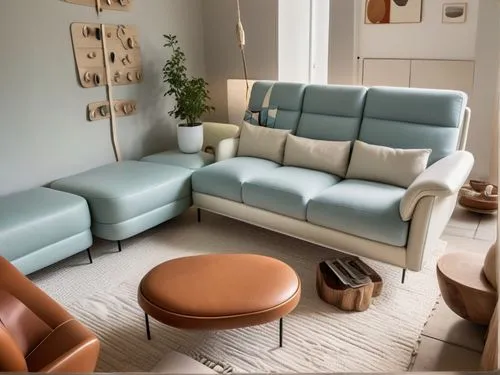 a blue and white couch with ottomans in front of a window,cassina,mahdavi,mid century modern,soft furniture,ekornes,seating furniture