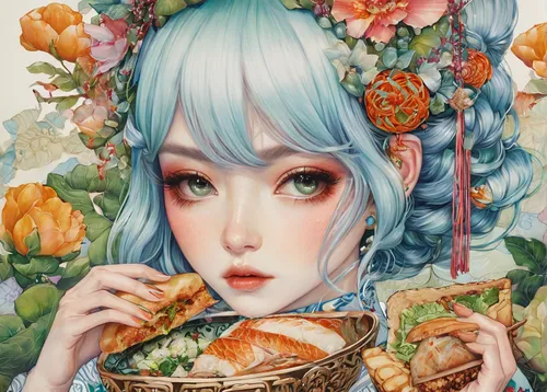 amano,woman holding pie,cooking book cover,flora,autumn taste,alice,fantasy portrait,girl in a wreath,takoyaki,delicacy,eglantine,abalone,girl with bread-and-butter,mandarin sundae,girl in flowers,sweet dish,blue heart,delicacies,floral japanese,blue bird,Illustration,Abstract Fantasy,Abstract Fantasy 11