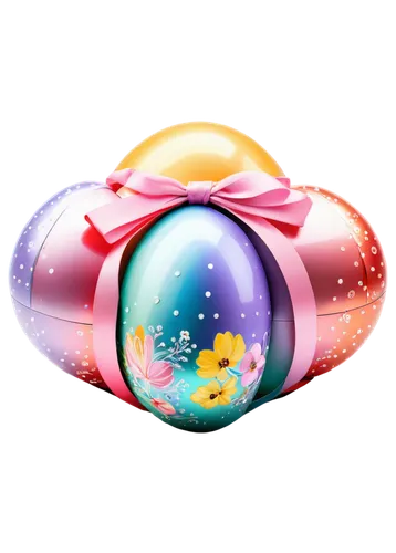 Easter egg, colorful, glittering, decorated with ribbons and flowers, shiny surface, oval shape, horizontal orientation, centered composition, soft focus, warm lighting, pastel colors, PNG transparent