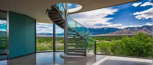 mirror house,spiral stairs,earthship,outside staircase,glass wall,the observation deck,observation deck,balustrades,balustrade,stairs to heaven,spiral staircase,futuristic architecture,balustraded,glass window,circular staircase,dreamhouse,beautiful home,winding staircase,observation tower,staircases,Illustration,Realistic Fantasy,Realistic Fantasy 32