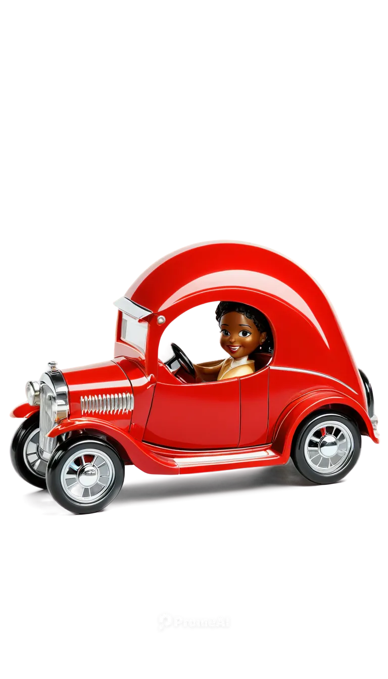 Small, red, toy carrito, shiny metal body, curved lines, bright headlights, smiling face on front, wheels with silver hubcaps, parked on white background, 3/4 composition, soft focus, warm lighting, c