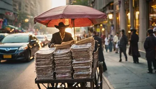 newspaper delivery,pile of newspapers,people reading newspaper,blonde woman reading a newspaper,vendor,peddler,newspapers,paper umbrella,man with umbrella,asian umbrella,cocktail umbrella,japanese umbrellas,overhead umbrella,paper stand,newspaper reading,vendors,pizza supplier,mail clerk,japanese umbrella,shopper,Illustration,Realistic Fantasy,Realistic Fantasy 02