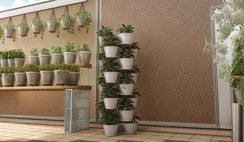 permeable Net house filled with herb plants and hydroponic tower,plants are displayed on a shelf in an indoor garden,balcony garden,aeroponics,aeroponic,hydroponics,hanging plants,planters,Common,Comm