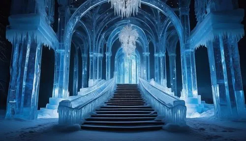 Modern ice palace, grandiose structure, intricate frozen details, crystal clear ice walls, gleaming icicles hanging from roof, snowflakes gently falling around, majestic entrance with frozen archways,