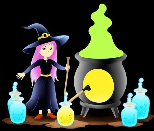 a little girl dressed up as a witch with her broom,witch's hat icon,candy cauldron,cauldrons,witch ban,cauldron,potions